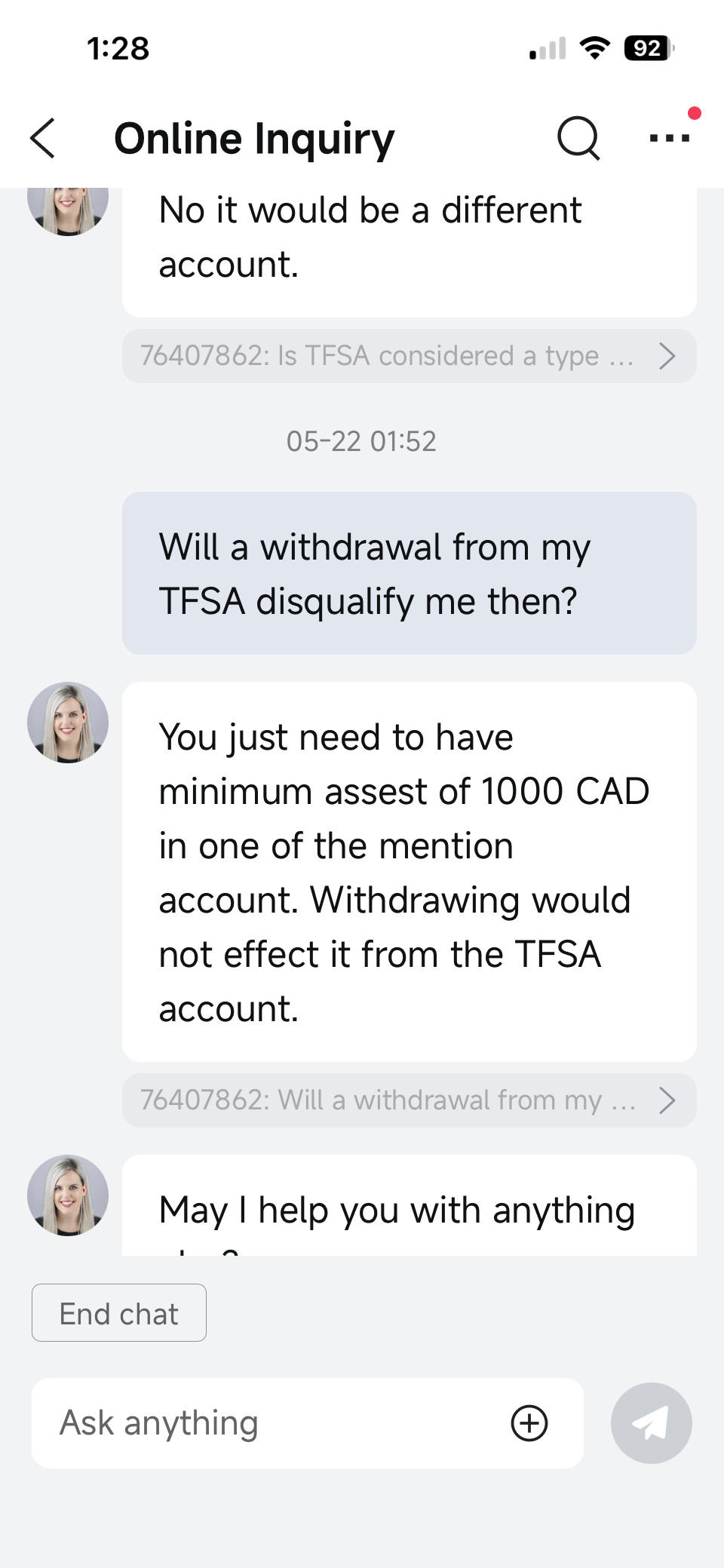 Despite being told by a Moomoo agent that I would not be disqualified for making a TFSA withdrawal because a TFSA is not an eligible account for the contest, I was disqualified anyway. I contacted Moomoo two days ago and still have not received a resolution. Moomoo, please fix this!