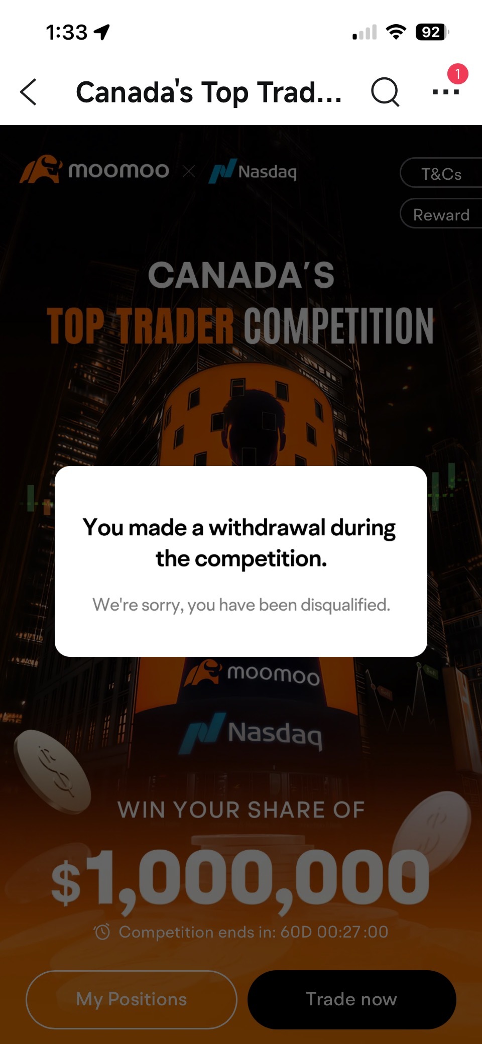 Despite being told by a Moomoo agent that I would not be disqualified for making a TFSA withdrawal because a TFSA is not an eligible account for the contest, I was disqualified anyway. I contacted Moomoo two days ago and still have not received a resolution. Moomoo, please fix this!