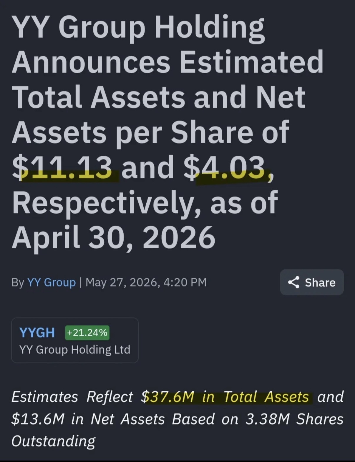 $YY Group (YYGH.US)$ red markets today, thats why small drop, but next opening day, buying more to make average at these levels. They say assests are worth crazy , look below!!!