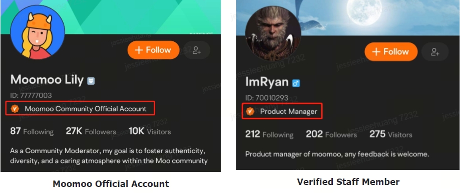 How to identify moomoo's official accounts and verified staff members