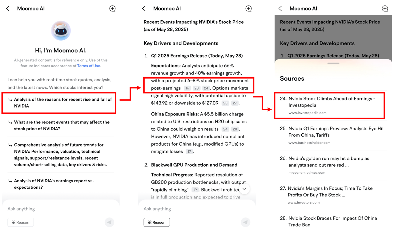 What should you do when you encounter challenges in investing?  The Moomoo AI is now live, and we believe it can help you[Laugh] You can now use the Moomoo AI on both mobile and desktop to ask a variety of investment questions about trending topics, market movements, individual stocks, and more.Before using the Moomoo AI feature, you need to update the [Share Link: app] to the latest version. Path 1:「Search」>「Moomoo AI」>「Start AI Conversation」 Path 2:「Stock Details Page」>「Moomoo ...