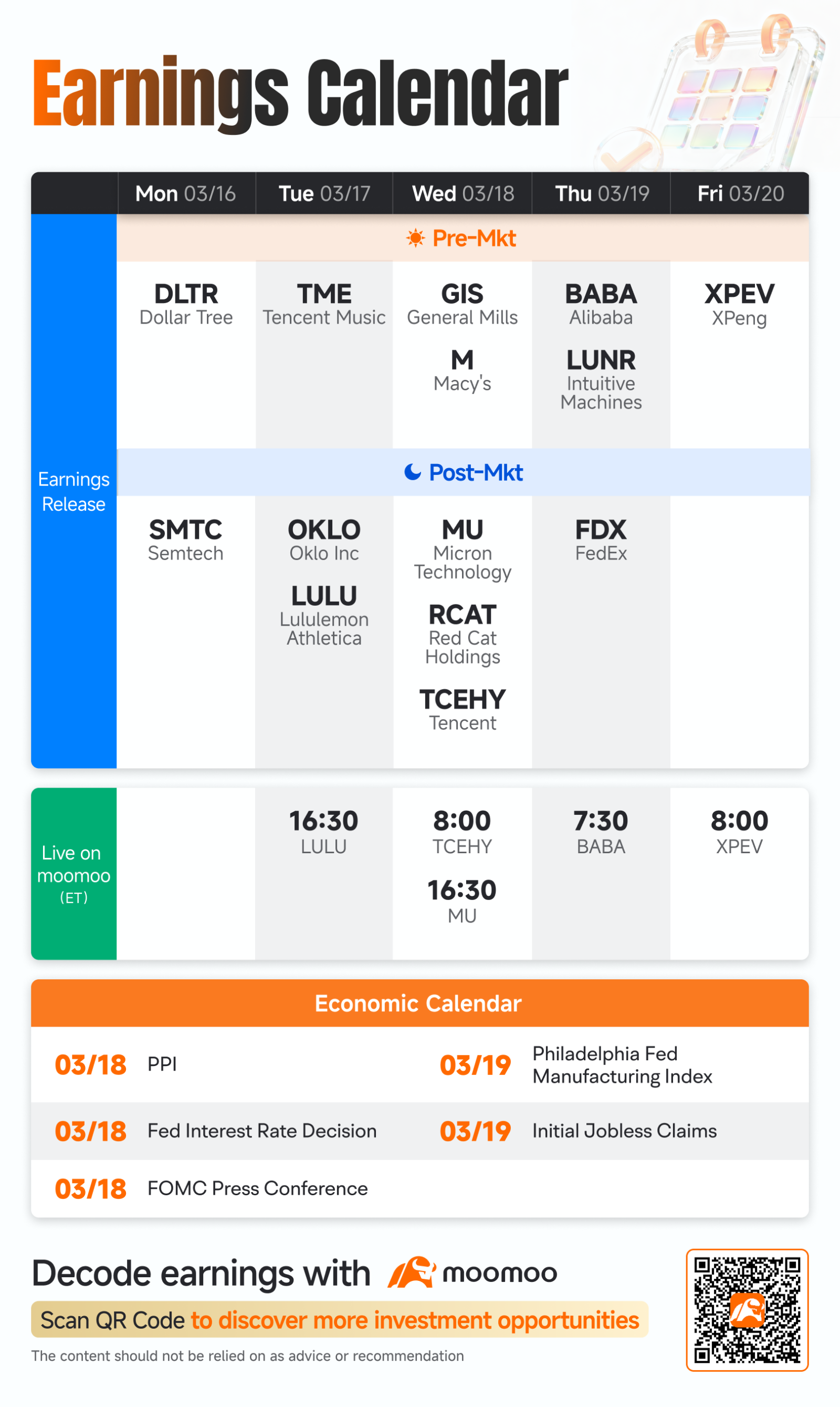 Hi mooers!  Need a quick update on the week of Mar 16–20 Check out moomoo's fresh earnings & economic calendars now!  For more details, check out the [Share Link: earnings calendar] and [Share Link: economic calendar]! In the week ahead, various companies including $Micron Technology (MU.US)$ , $Alibaba (BABA.US)$ , $Tencent (TCEHY.US)$ , $Lululemon Athletica (LULU.US)$ , and $XPeng (XPEV.US)$ , are releasing their earnings. How will the market react to the co...