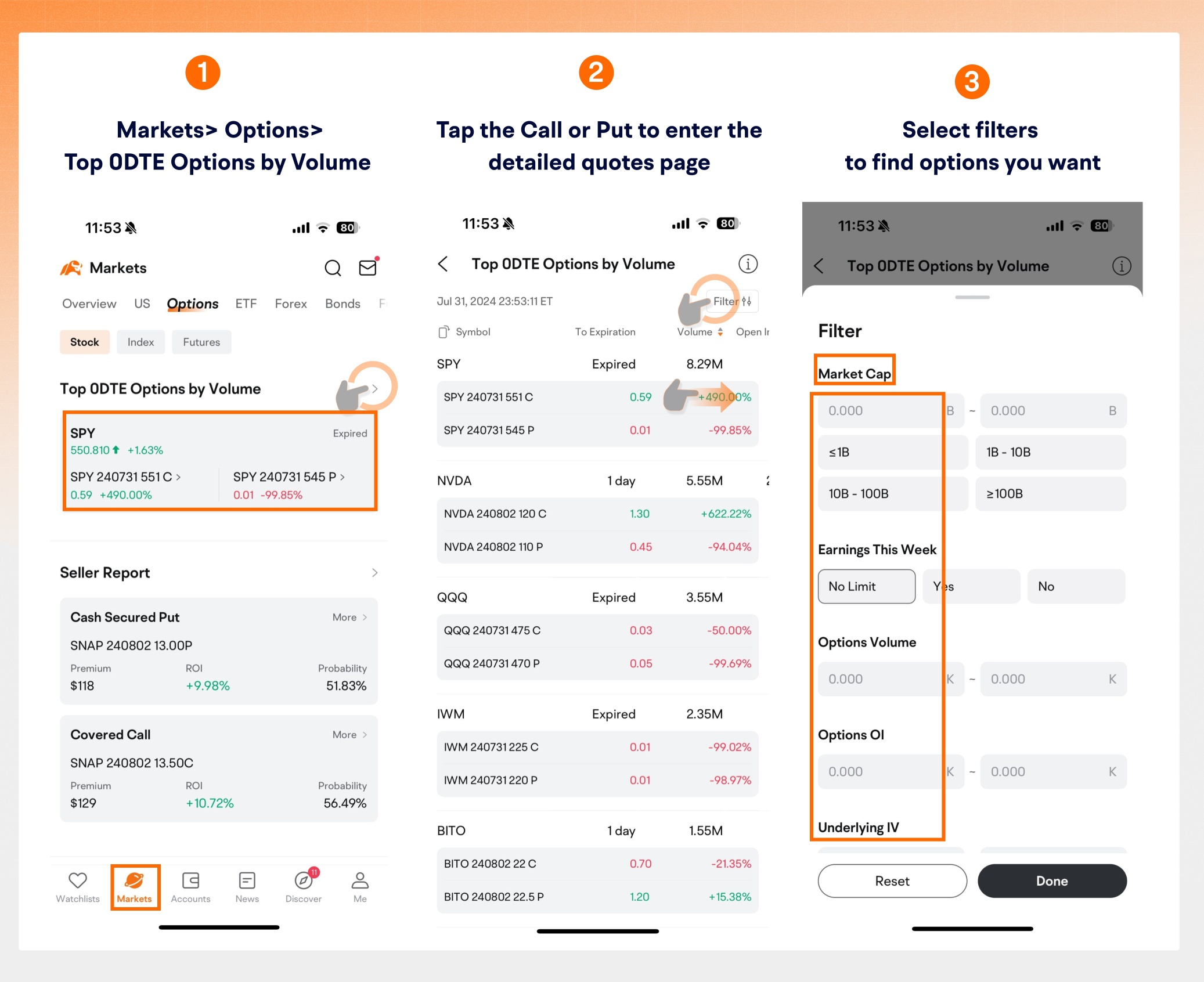 Discover potential opportunities with Top 0DTE Options by Volume feature