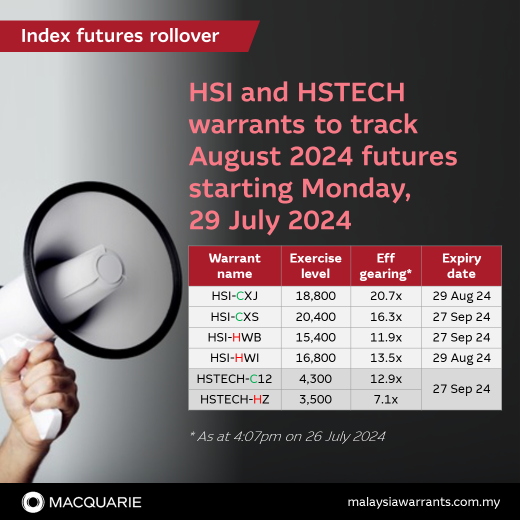 HSI and HSTECH warrants to track August 2024 futures starting Monday, 29 Jul 2024