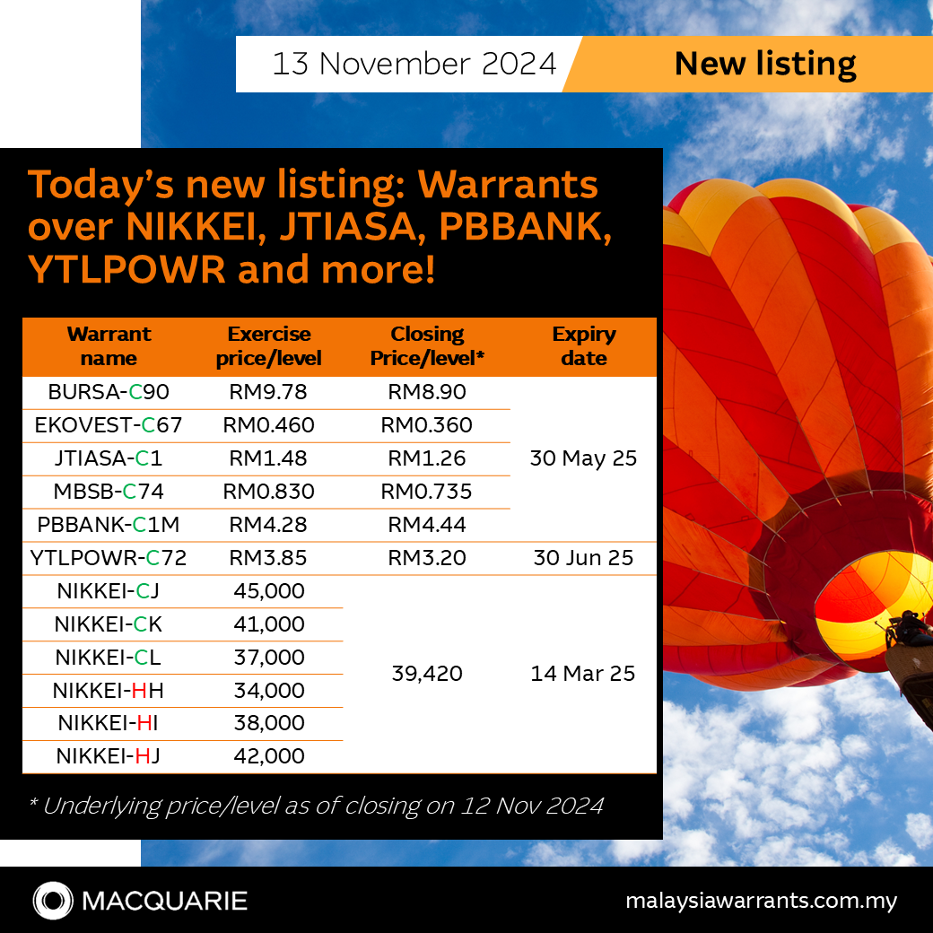 🌱 今日的新上市内容：日经225指数、JTIASA、PBBANK、YTLPOWR等权证！