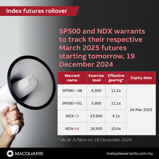 ‼️ Rollover reminder: SP500 and NDX warrants to track March 2025 futures starting tomorrow, 19 December 2024